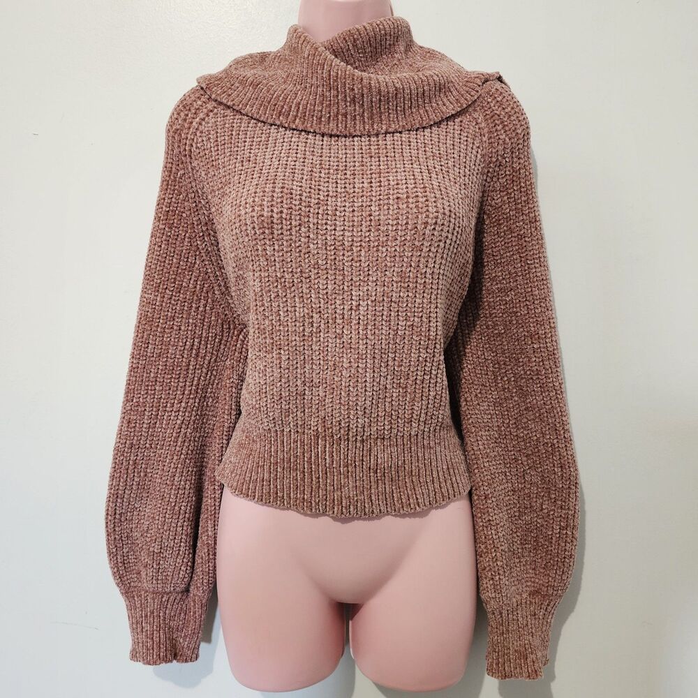 Blush & Bloom - Sweater Chunky Knit Cowl Turtleneck Cropped - Size L - Pink
